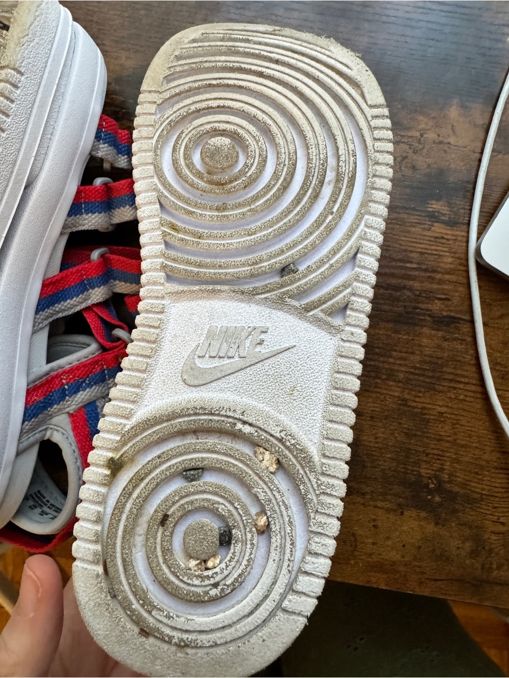Nike White Platform Sandals with Red, Grey, and Blue Straps - Picture 6 of 7
